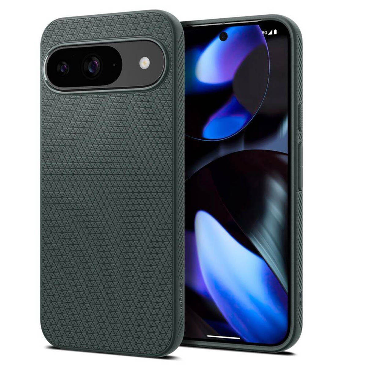 Un étui de téléphone vert foncé avec dos texturé et découpe pour la caméra.