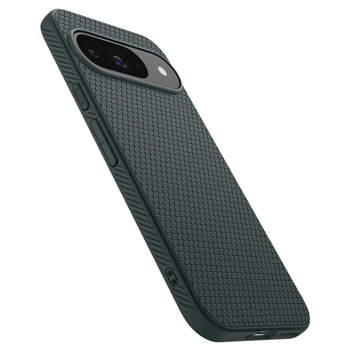 Coque de téléphone gris foncé avec une surface texturée pour un Google Pixel 7a. La coque est inclinée.