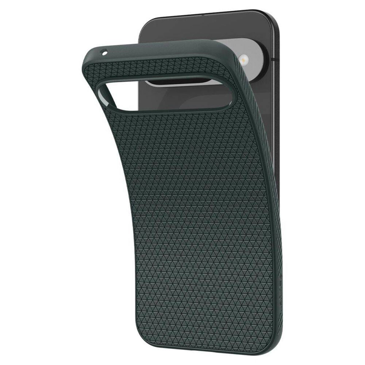 Coque de téléphone gris foncé. La découpe de la caméra est visible, le téléphone partiellement inséré.