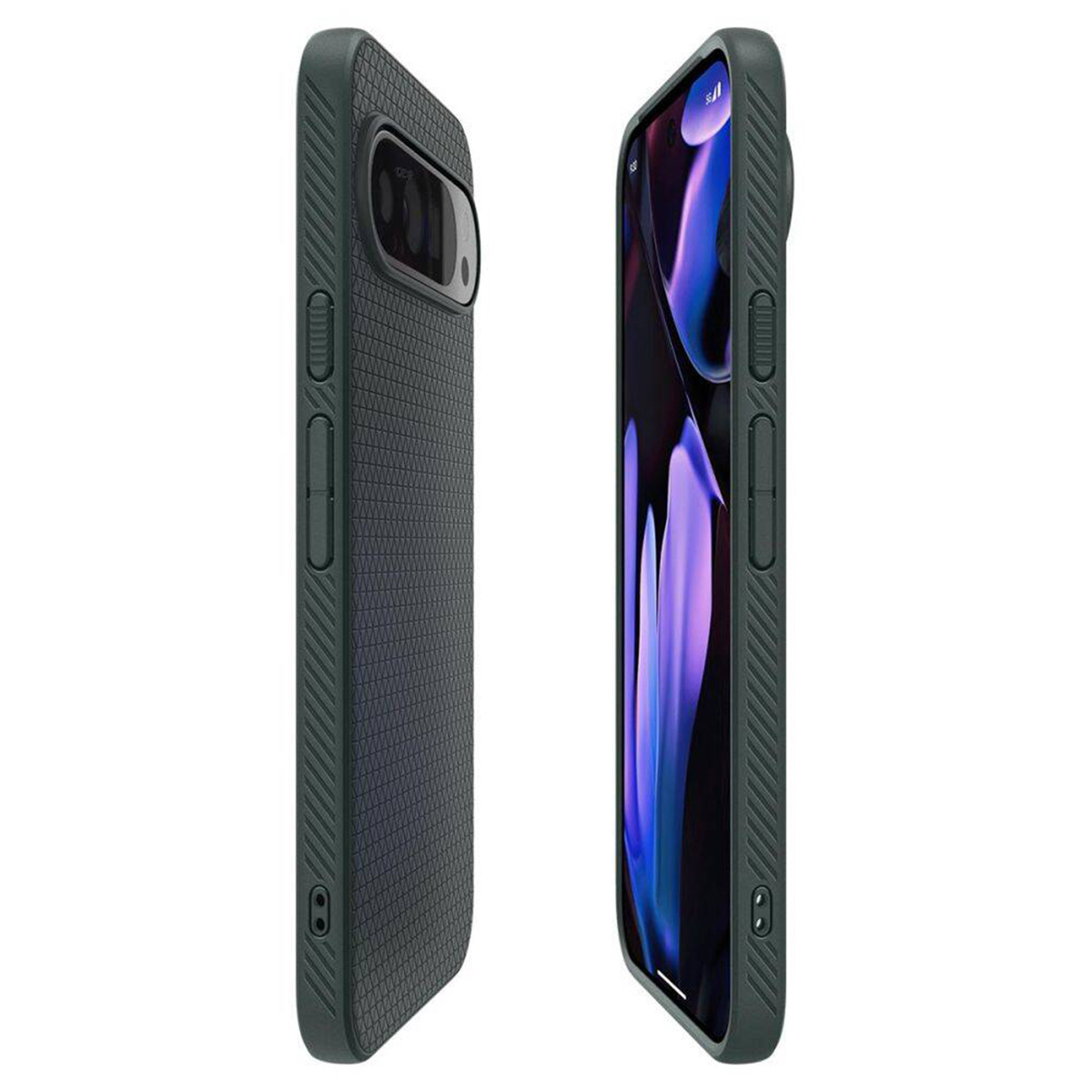 Coque de téléphone verte avec un téléphone noir à l'intérieur. Montrant le profil latéral. Boutons visibles.