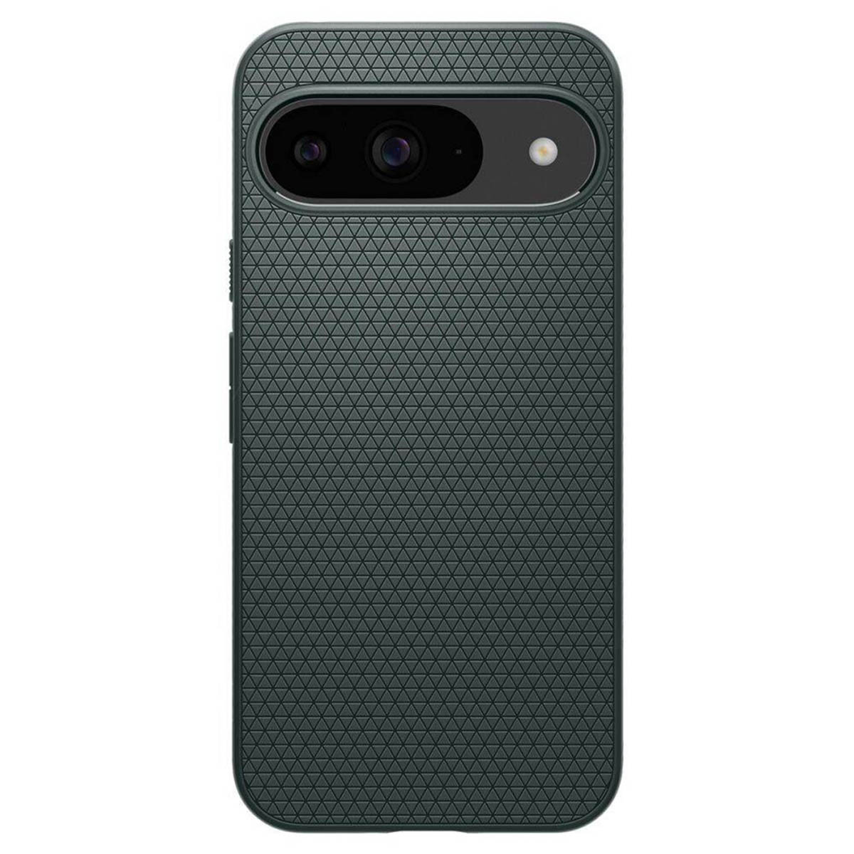 Coque de téléphone vert foncé avec caméra et surface texturée, vue latérale.