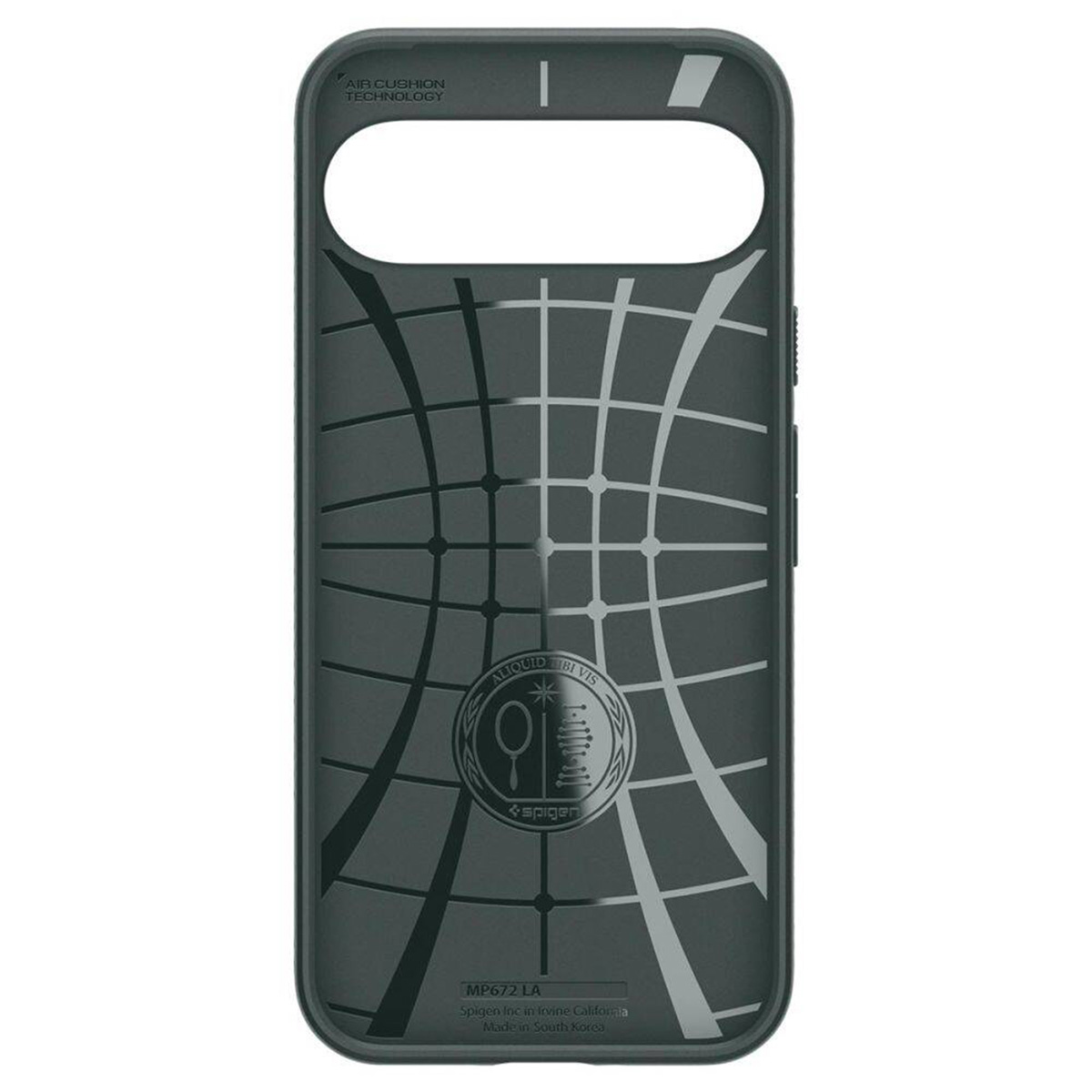 Dos de la coque de téléphone. Vert foncé, avec un design texturé, logo et texte. Fond blanc.