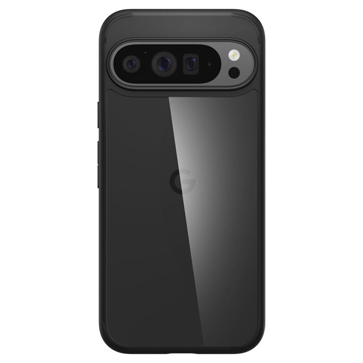 Telefoon met hoesje, de achterkant met camera en knoppen tonend.