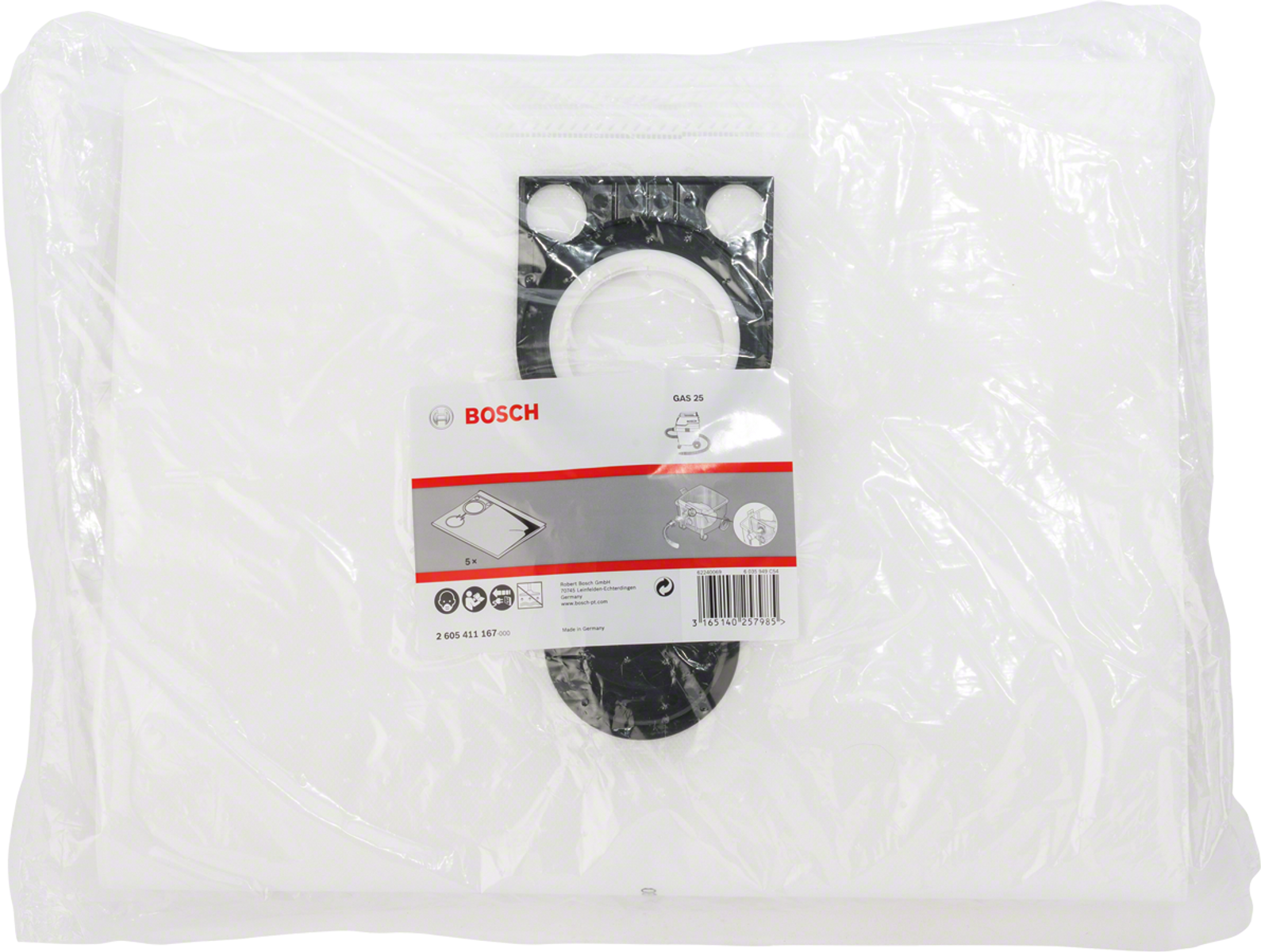 Una bolsa de plástico blanca con un filtro de aspiradora BOSCH dentro. La bolsa tiene una etiqueta con información.