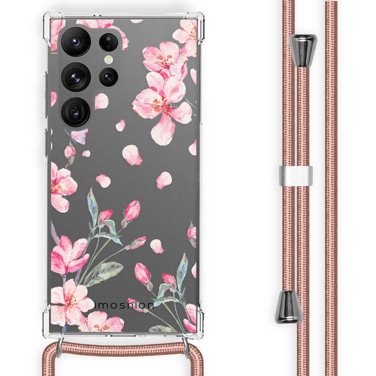 Telefoonhoesje met roze bloemenontwerp en bijpassend koord.