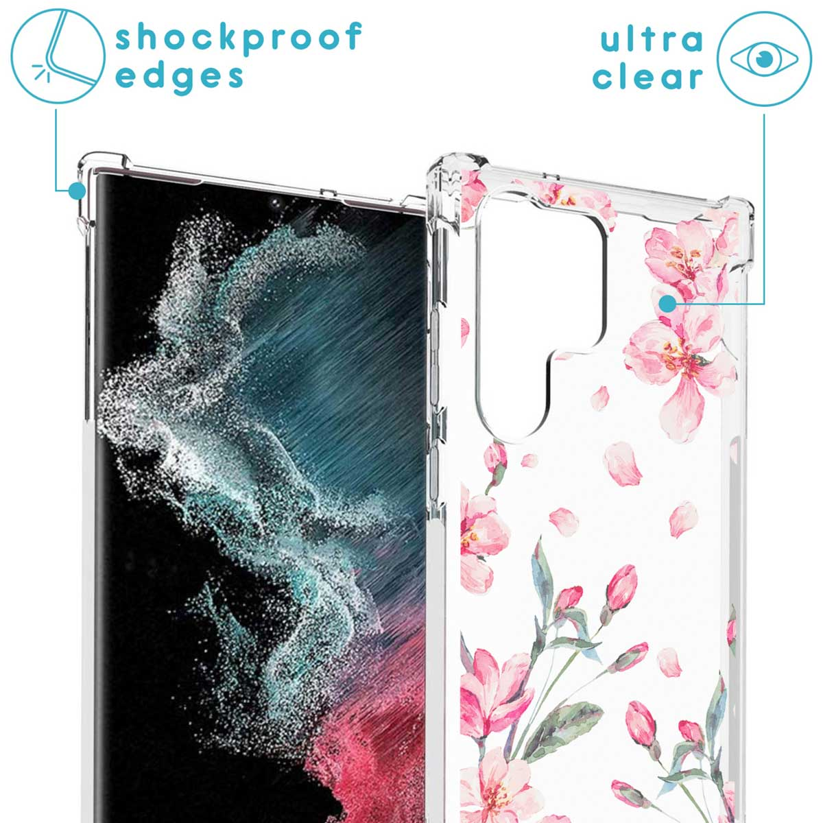 Telefoonhoesje, transparant met roze bloemen design. Schokbestendige randen, ultra helder.