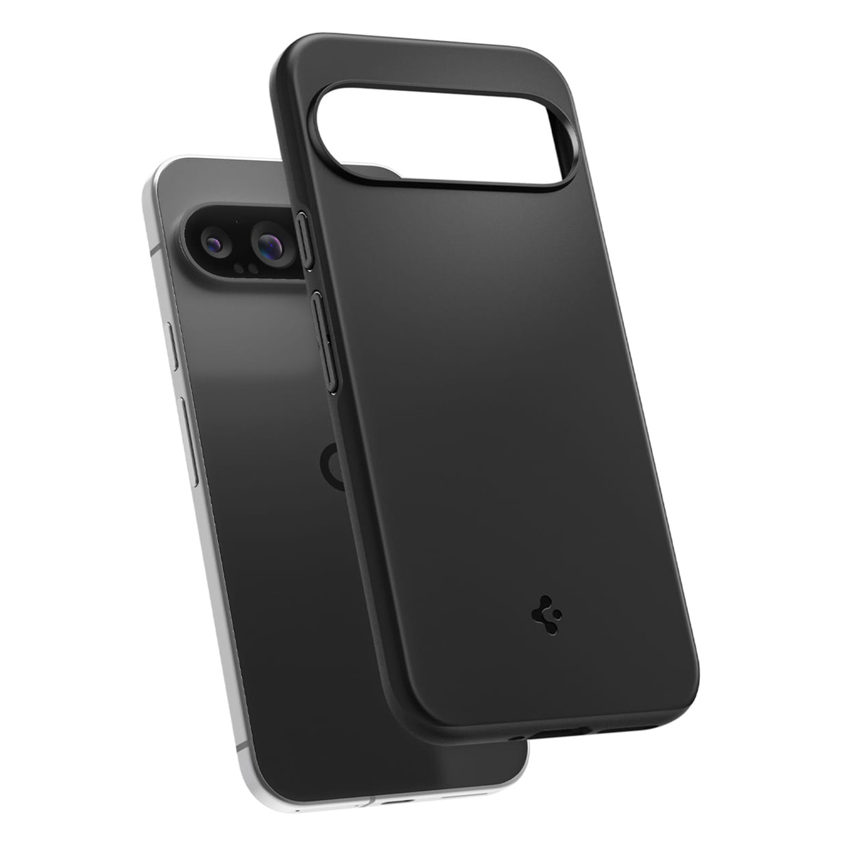 Schwarze Handyhülle mit Kameraausschnitt neben einem schwarzen Handy. Beide auf Weiß.