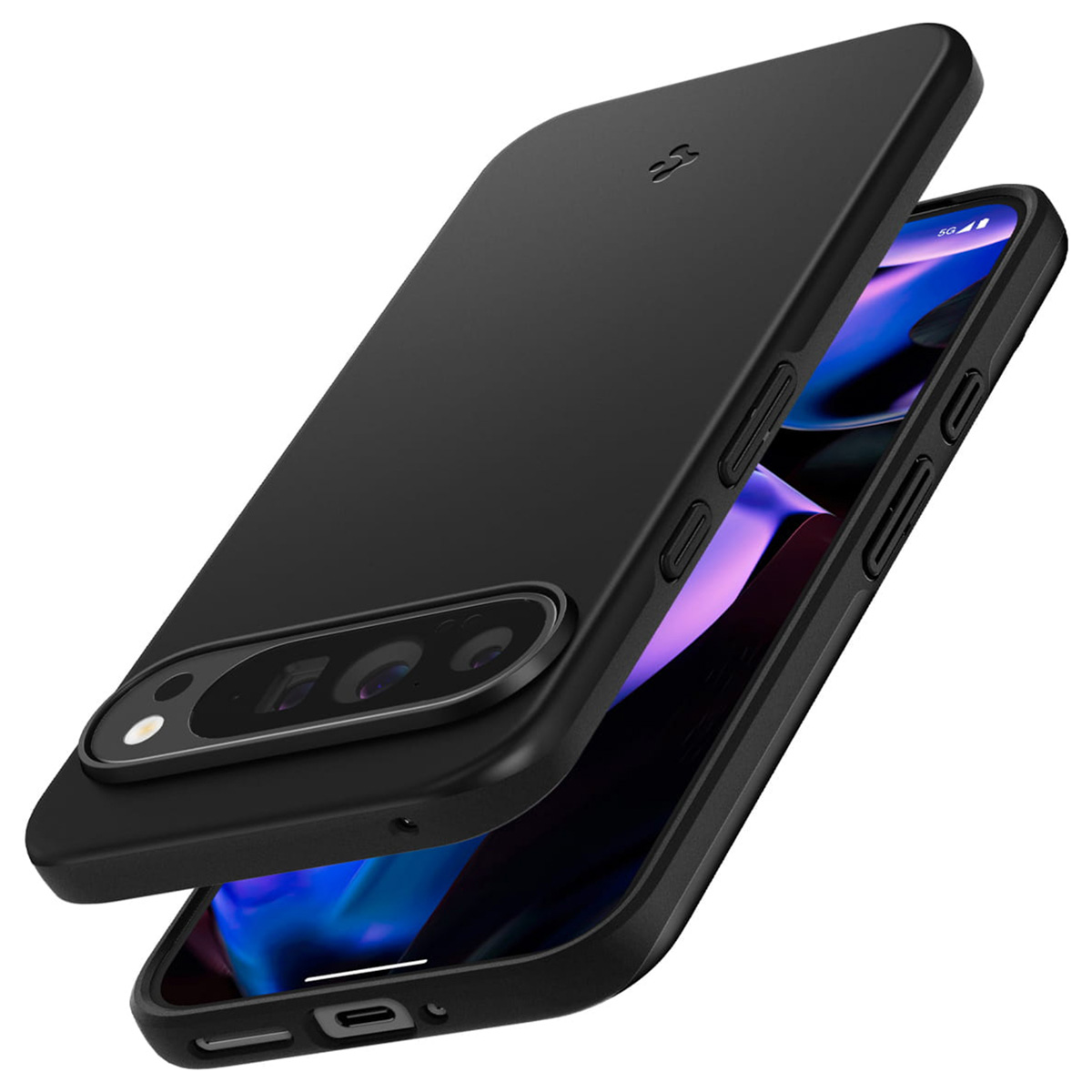 Schwarze Handyhülle mit Telefon im Inneren. Die Hülle ist geöffnet und zeigt den Telefonbildschirm. Der Hintergrund ist weiß.