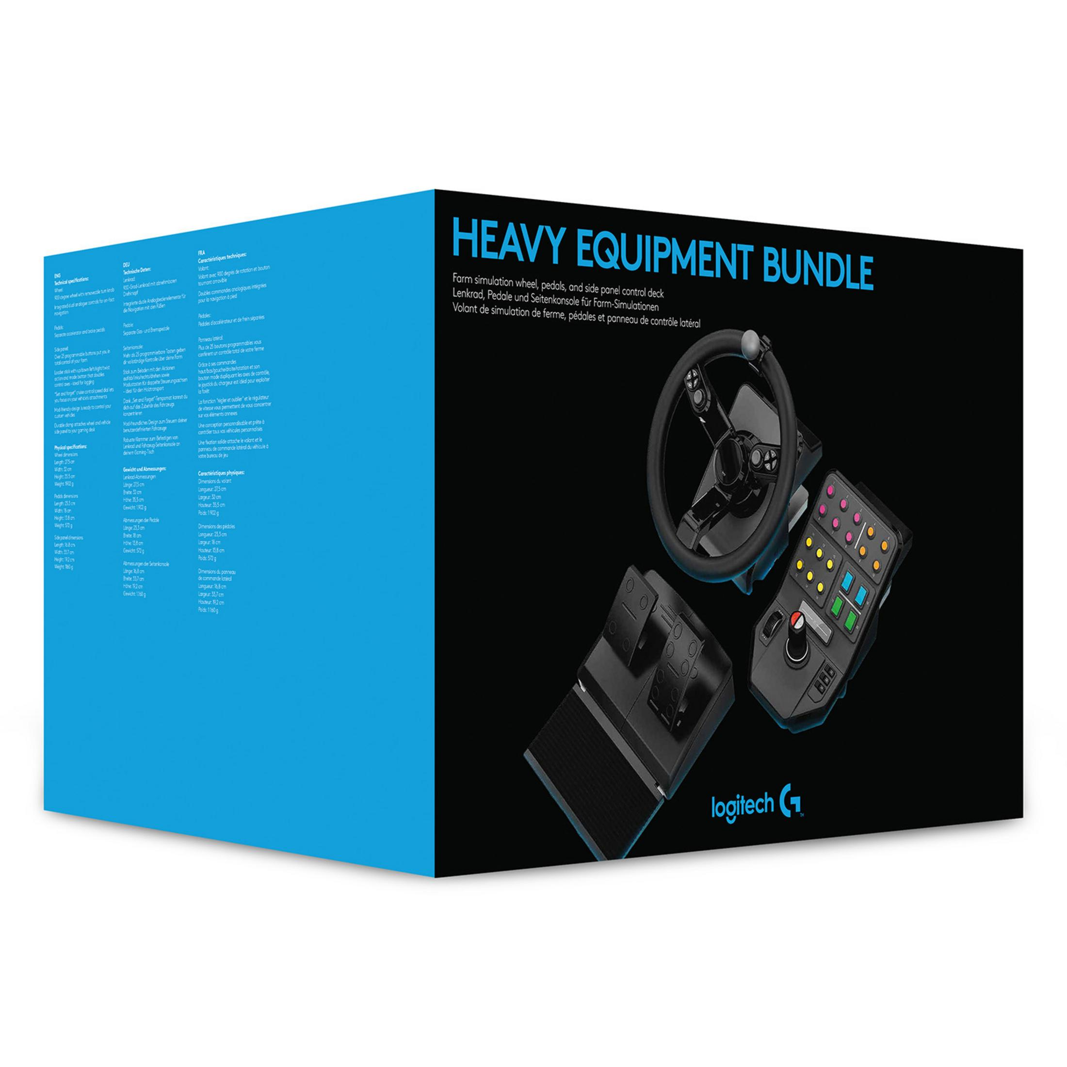 Zestaw ciężkiego sprzętu z kierownicą, pedałami i panelem sterowania.