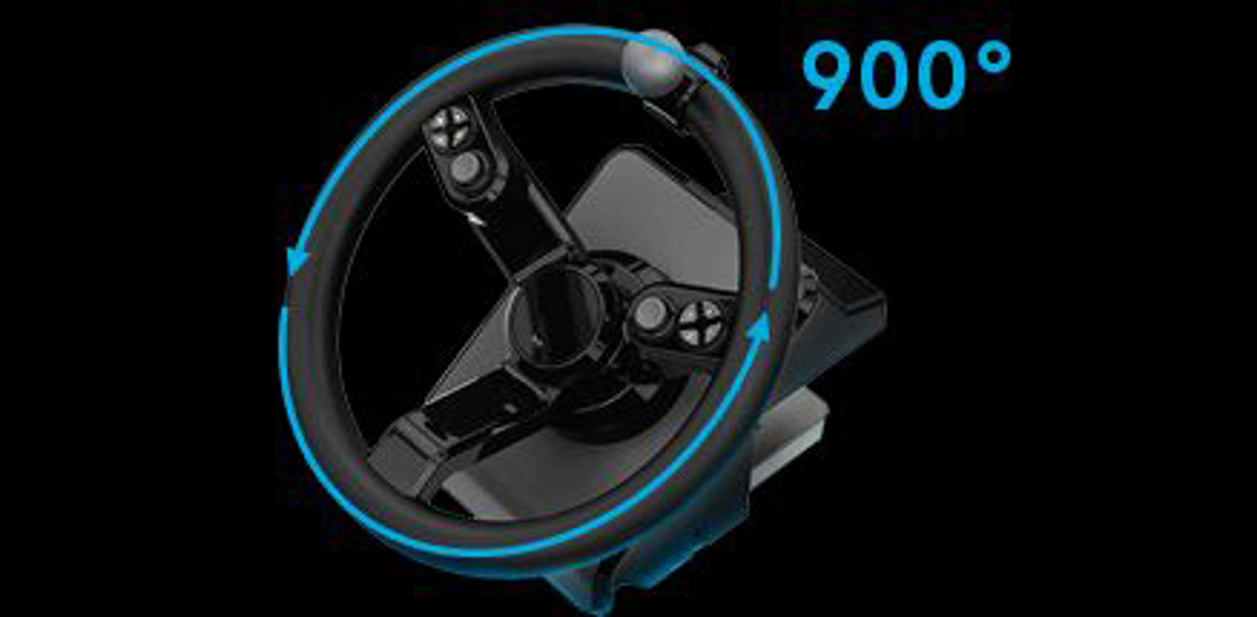 Czarna kierownica. Kierownica ma przyciski i jest oznaczona stopniem obrotu 900°.
