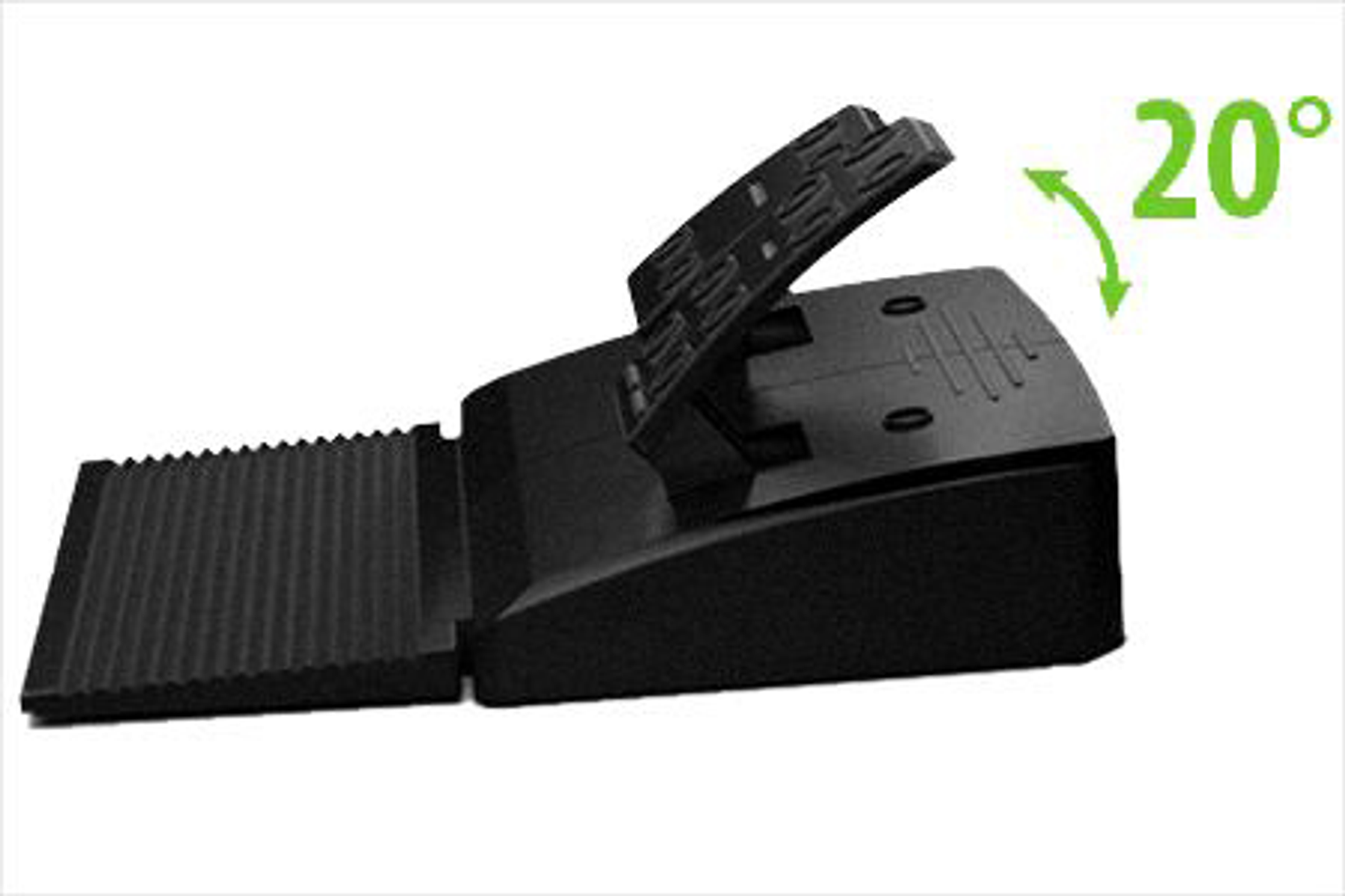 Czarny pedał nożny z kątowym podparciem, ze wskazanym kątem 20 stopni.