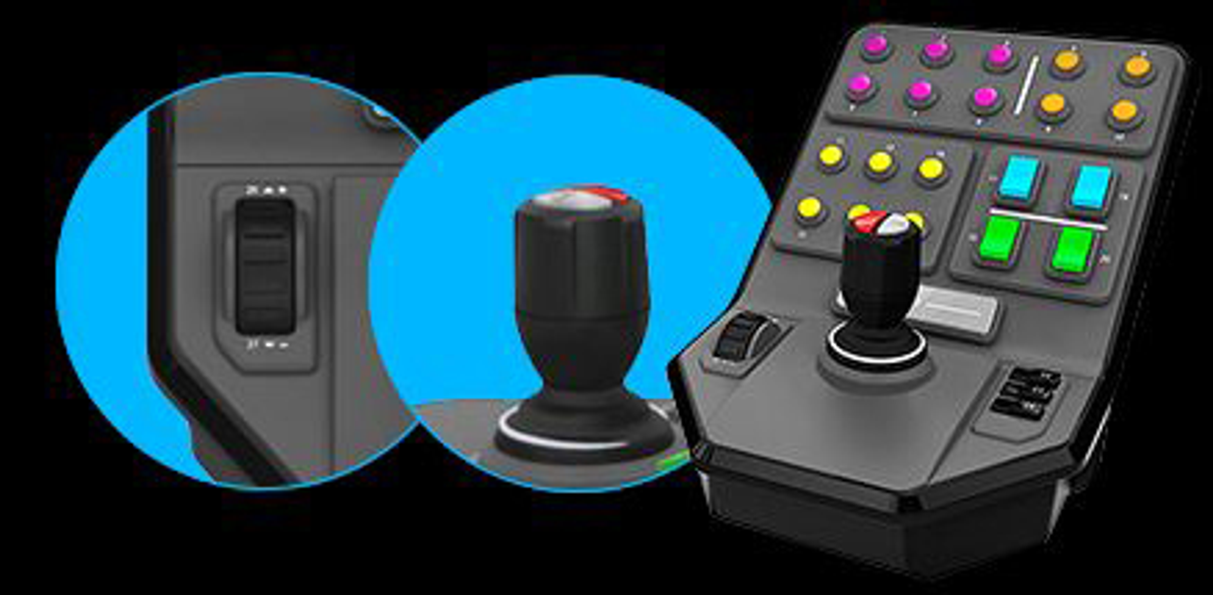 Kontroler do gier z wieloma przyciskami i joystickiem. Dwa okręgi podkreślają szczegóły.