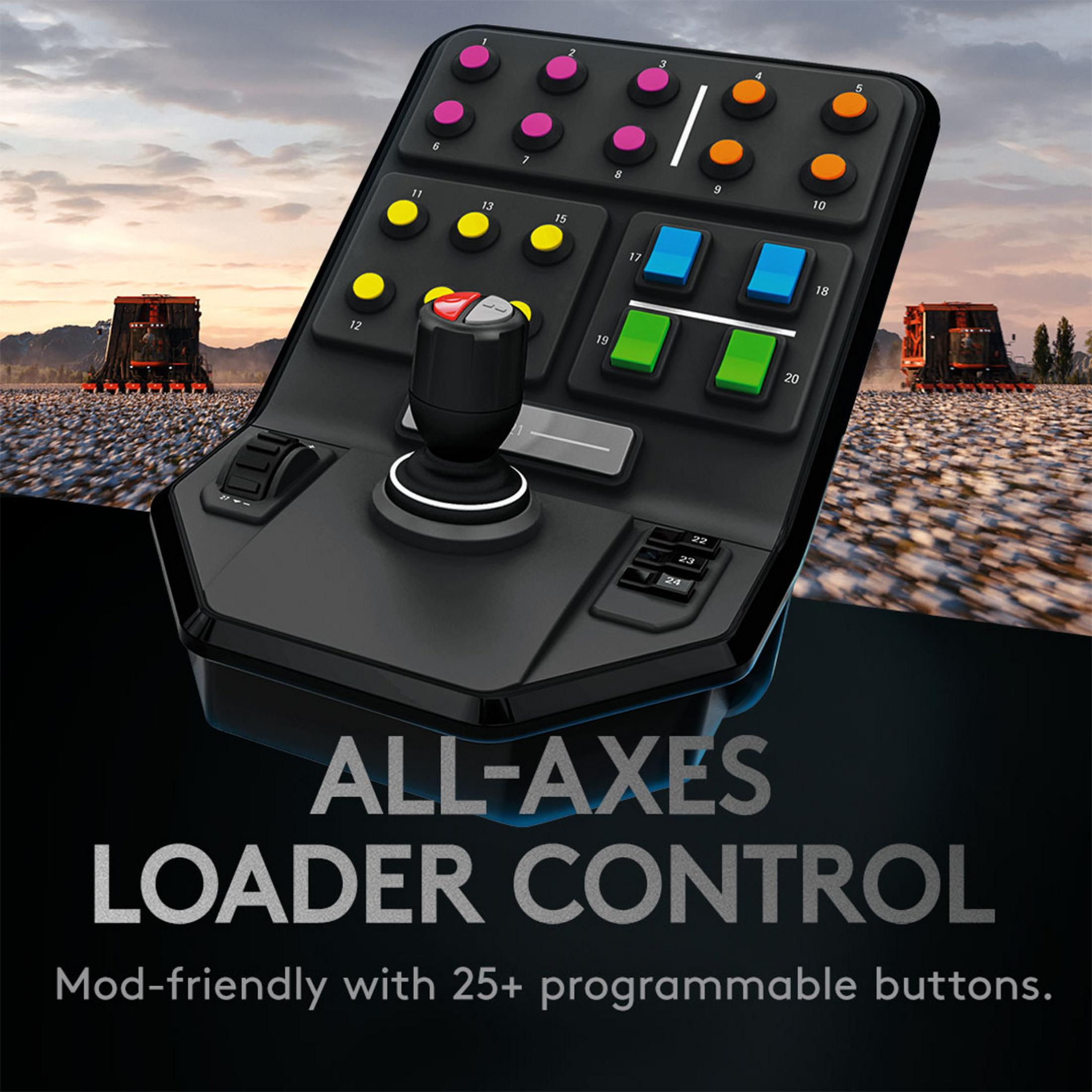 Czarny kontroler z wieloma przyciskami i joystickiem, z etykietami. Rozmyte tło przedstawia krajobraz.