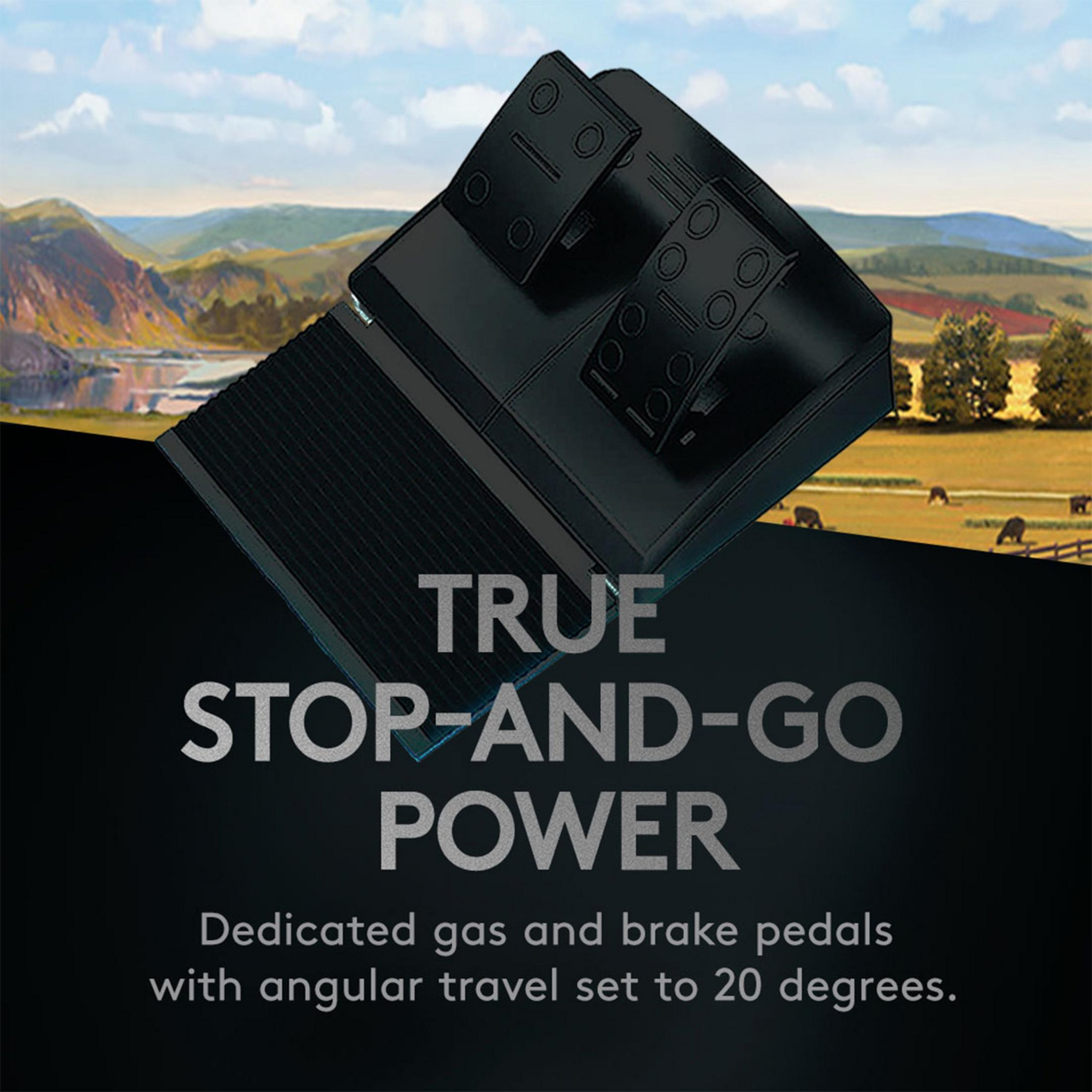 Czarne pedały do gier z tekstem "TRUE STOP-AND-GO POWER" w krajobrazie.