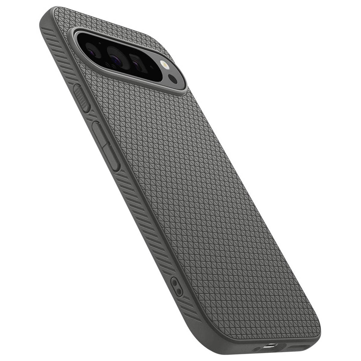 Telefoon met een getextureerde hoes, de achterkant en camera tonend.