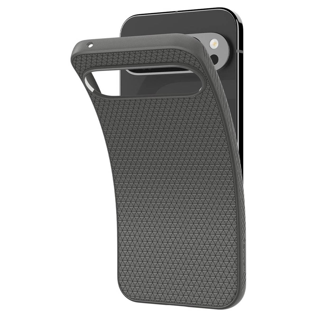 Zwarte telefoonhoes met een telefoon erin. Flexibel ontwerp. Toont de binnenkant van de hoes.
