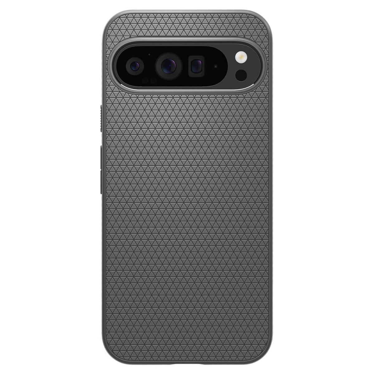 Zwarte telefoonhoes met een textuurpatroon en een camerabult, met een Google logo.
