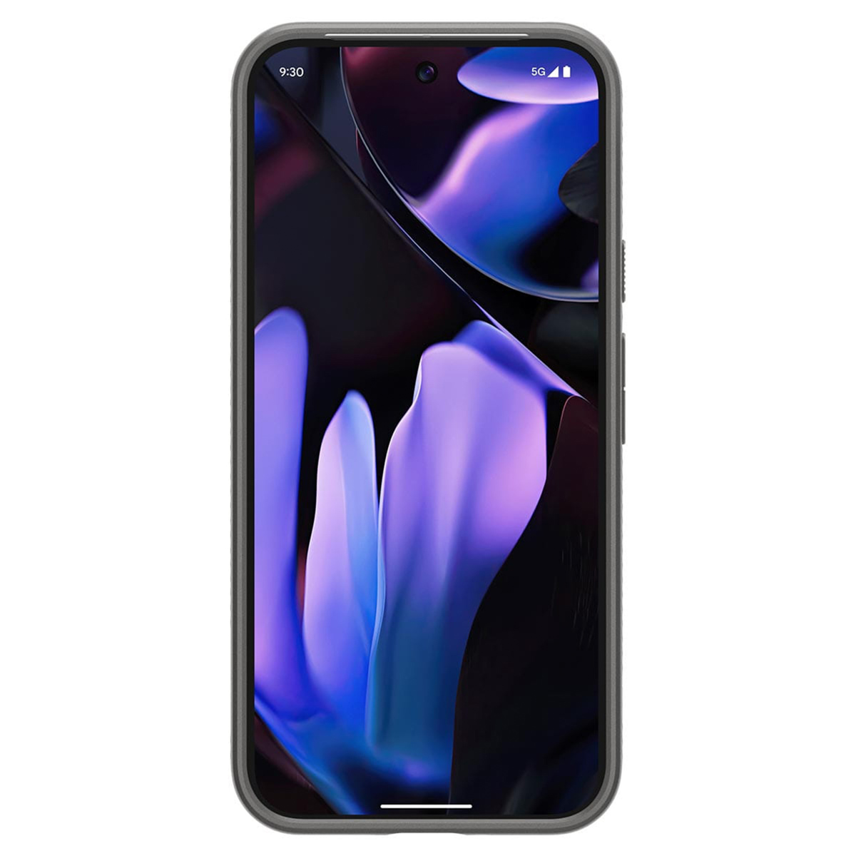 Grijze telefoon met een gebogen scherm. Het scherm toont een paarse en blauwe abstracte wallpaper.