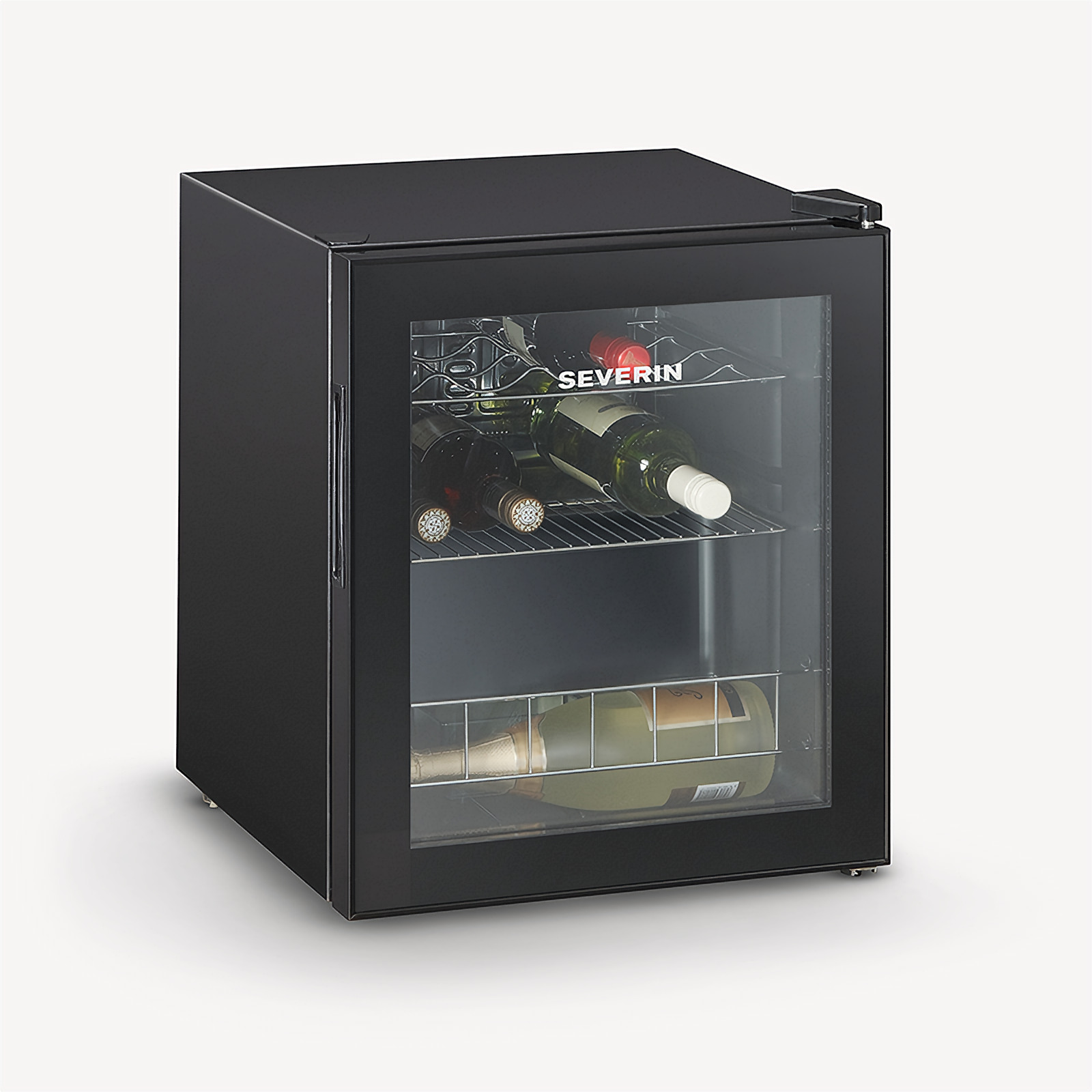 Cantinetta nera con porta in vetro, piena di bottiglie di vino, isolata su sfondo bianco.