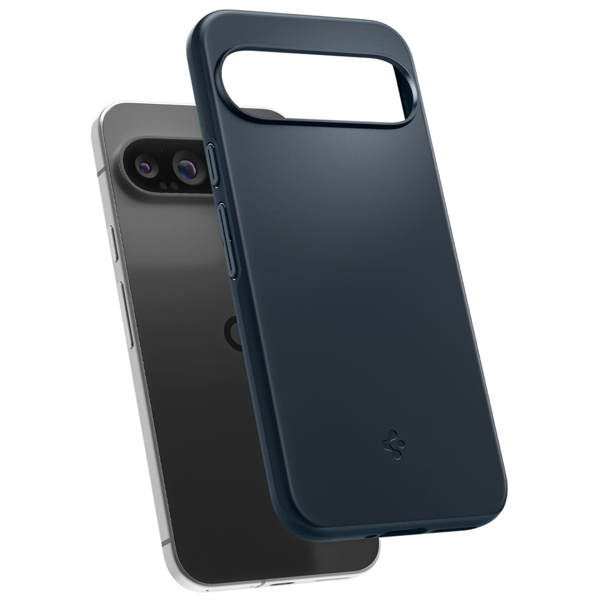 Eine dunkelblaue Handyhülle und ein Telefon. Das Telefon ist silberfarben mit Kamera. Die Hülle ist offen und abgewinkelt.