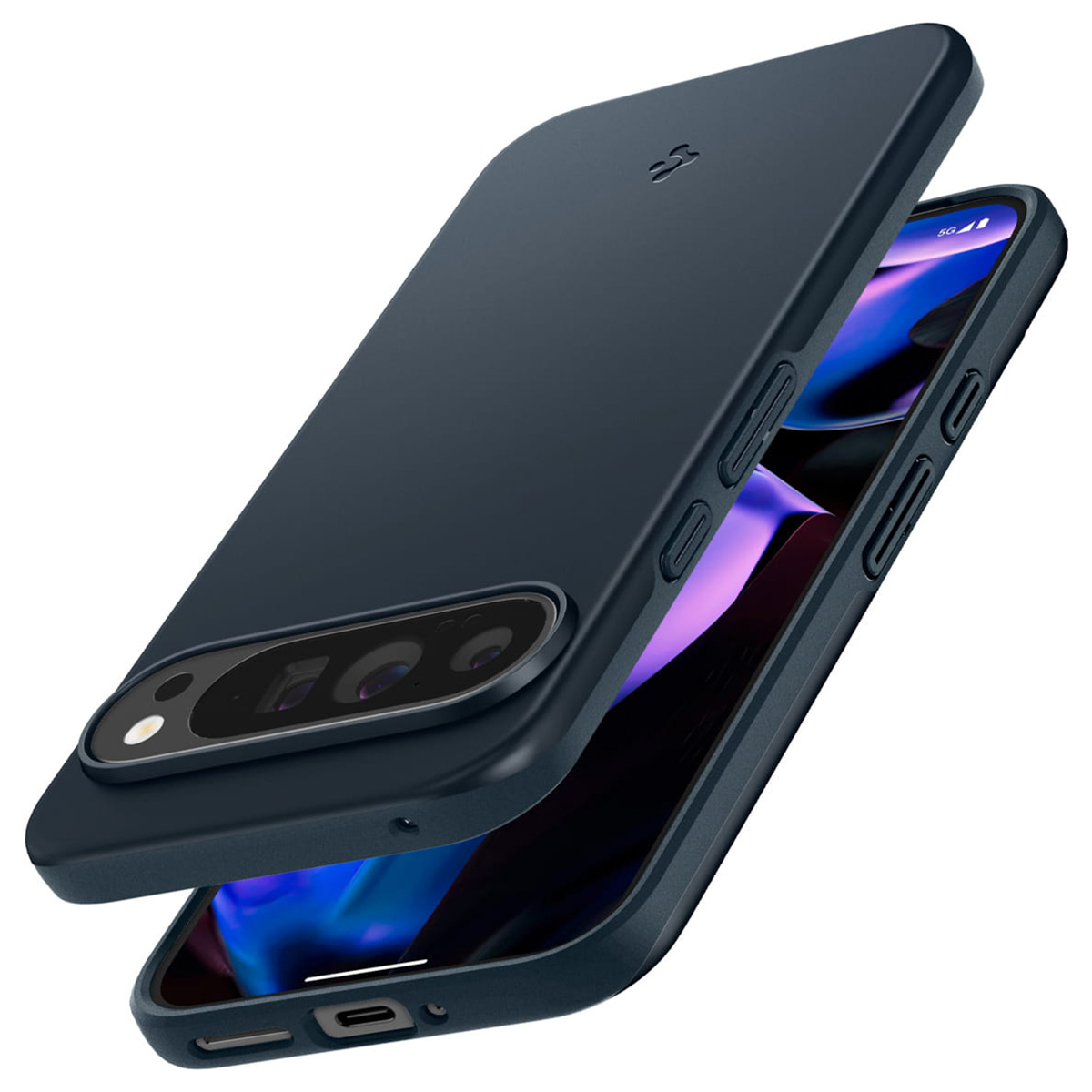 Ein Telefon mit dunkelblauer Hülle. Die Hülle ist offen. Der Bildschirm zeigt ein lila und rosa Bild.