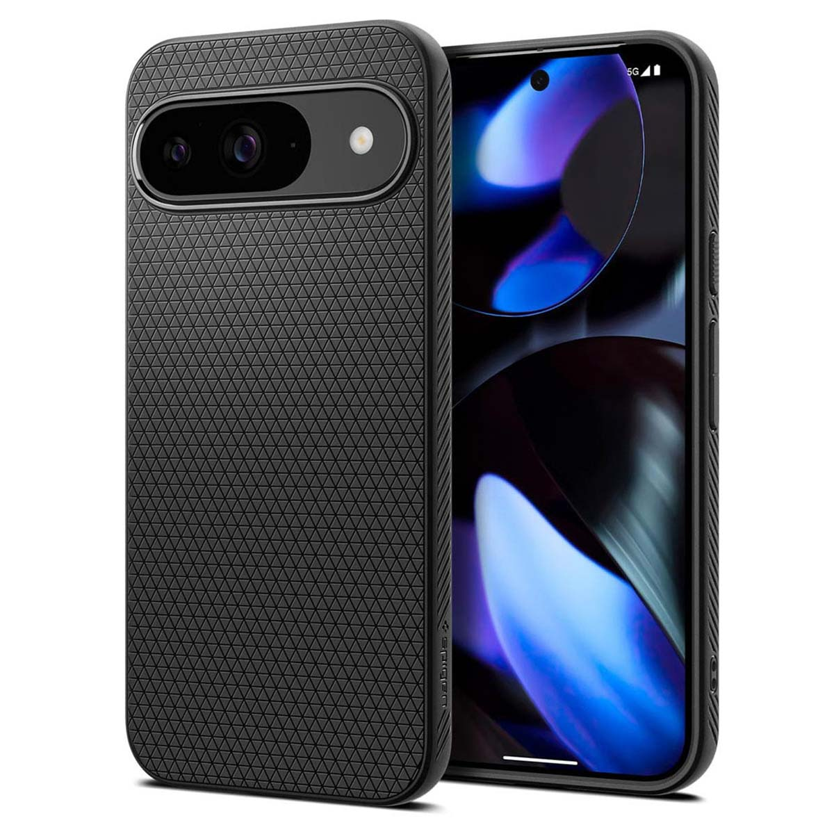 Coque de téléphone noire avec téléphone, découpe caméra, motif losange.