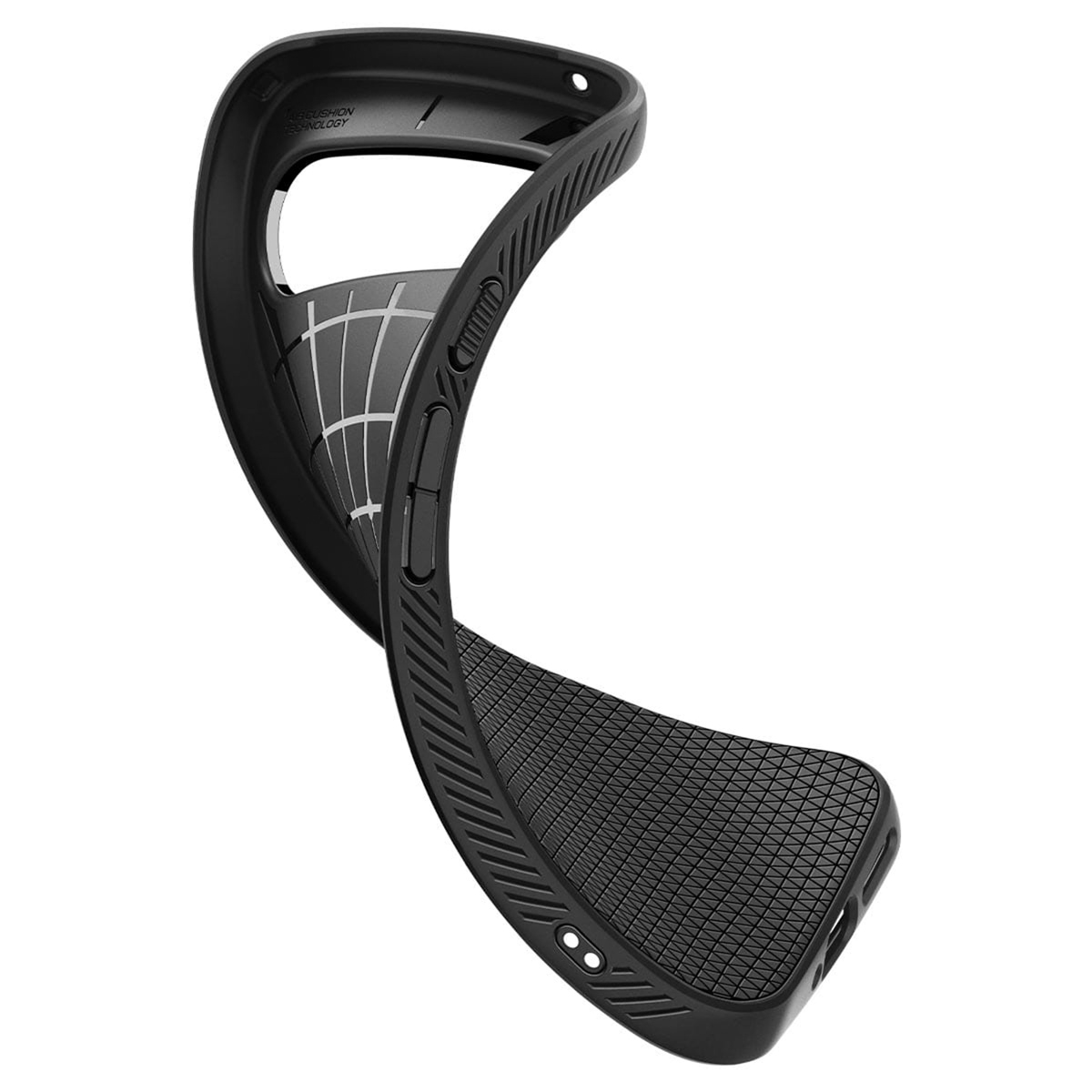 La coque de téléphone noire montre l'intérieur. Montre le design. Design flexible.