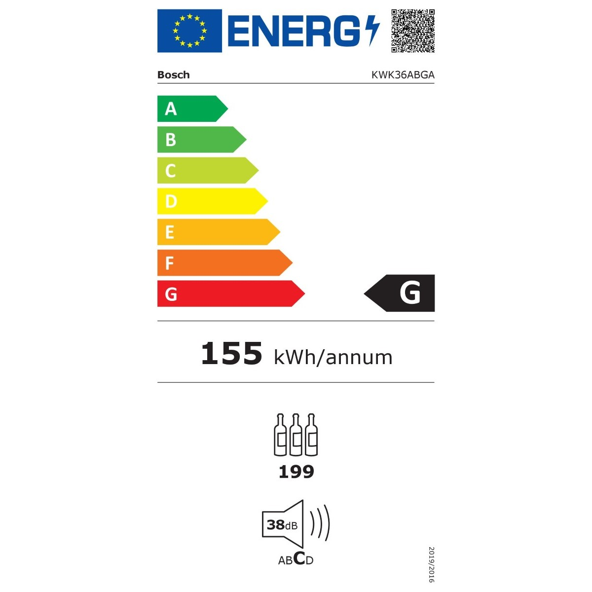 Etiqueta energética que muestra la clasificación de eficiencia energética 'G' para un electrodoméstico Bosch.