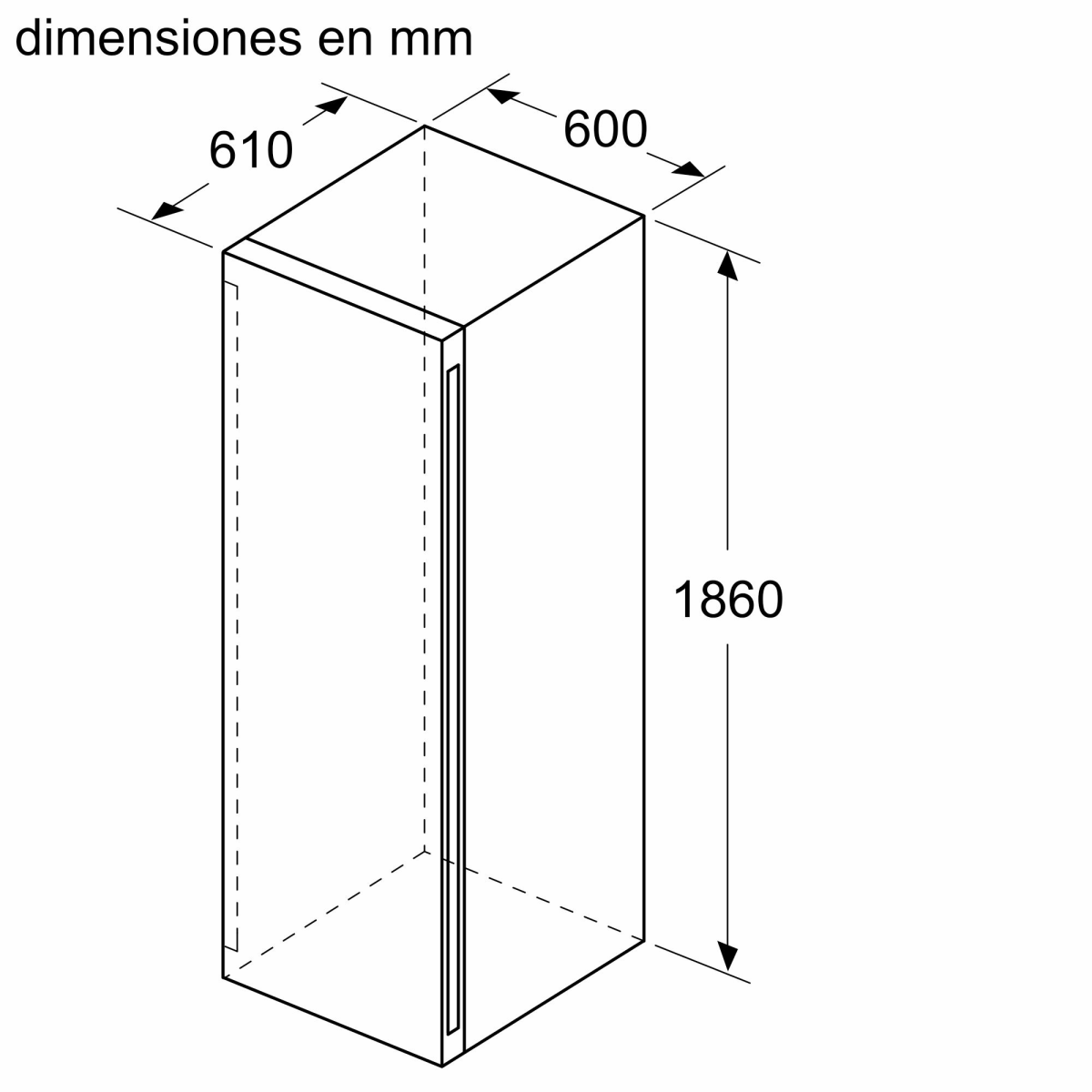 Weißer Kühlschrank, Maße in mm. Schwarze Linien, weißer Hintergrund.