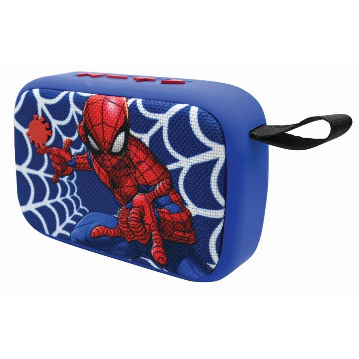 Altoparlante blu di Spider-Man con immagine di Spider-Man sul davanti e cinghia nera.