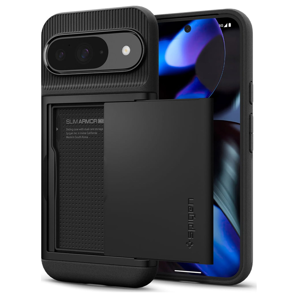 Coque de téléphone noire avec un compartiment coulissant, couvrant un téléphone sur fond blanc.