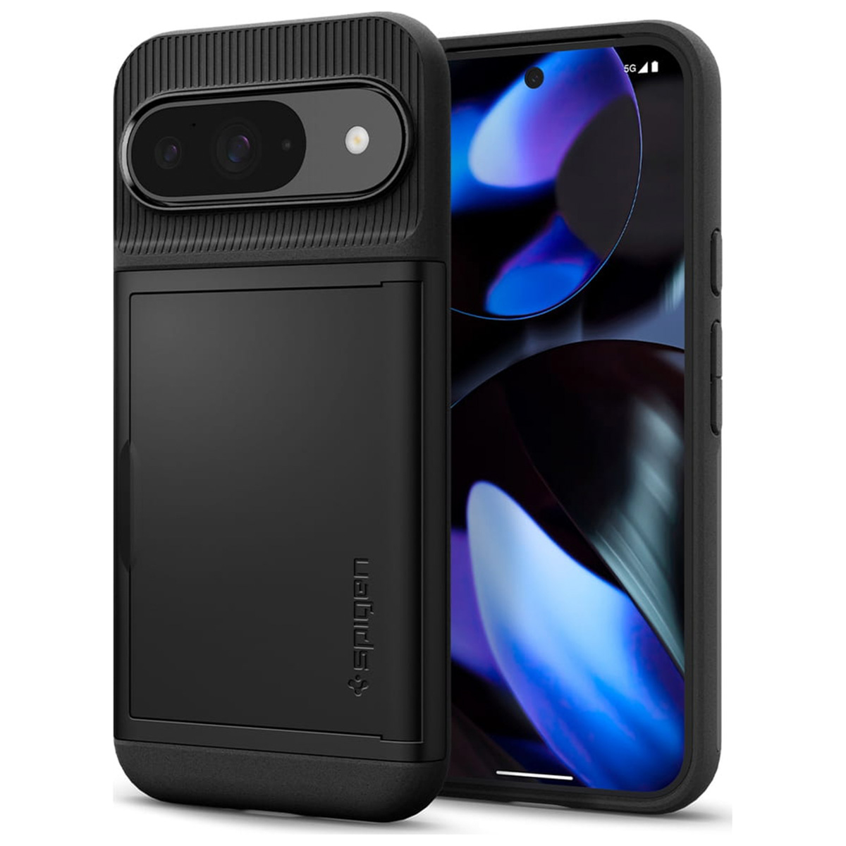 Coque de téléphone noire avec découpe caméra et fente pour carte.