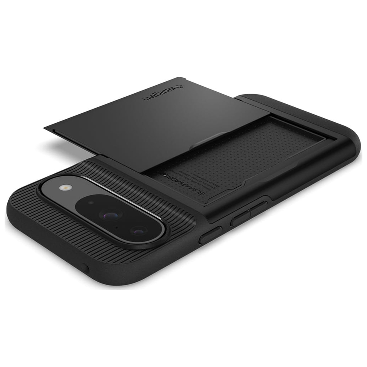 Coque de téléphone noire avec couvercle coulissant ouvert révélant une fente pour carte.