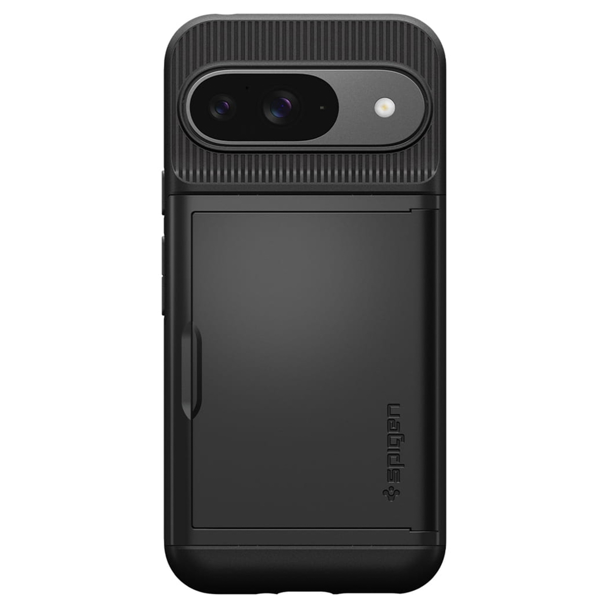 Une coque de téléphone noire avec une fente pour carte et un objectif de caméra à l'arrière. 'Spigen' est écrit.