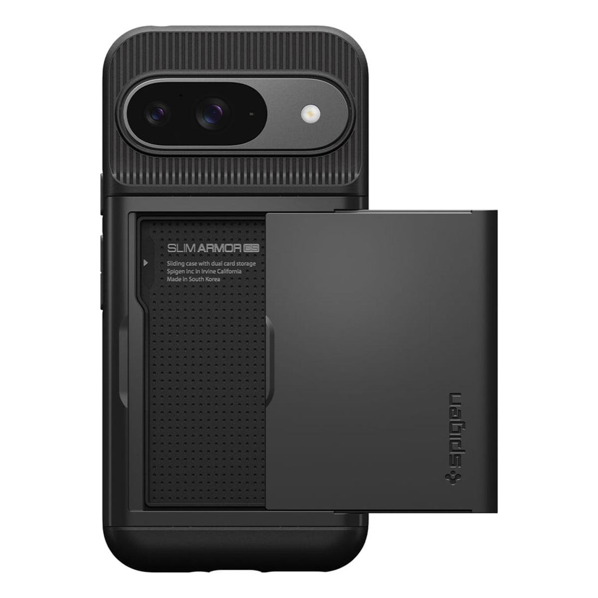 Coque de téléphone noire avec rangement de cartes ouvert, logo Spigen visible.