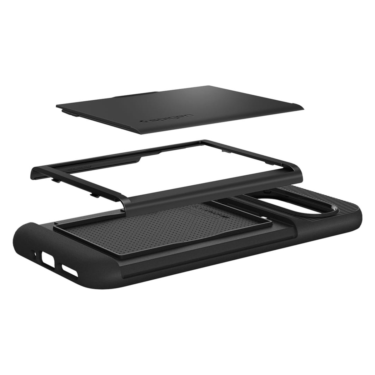 Coque de téléphone noire démontée, avec les pièces séparées.