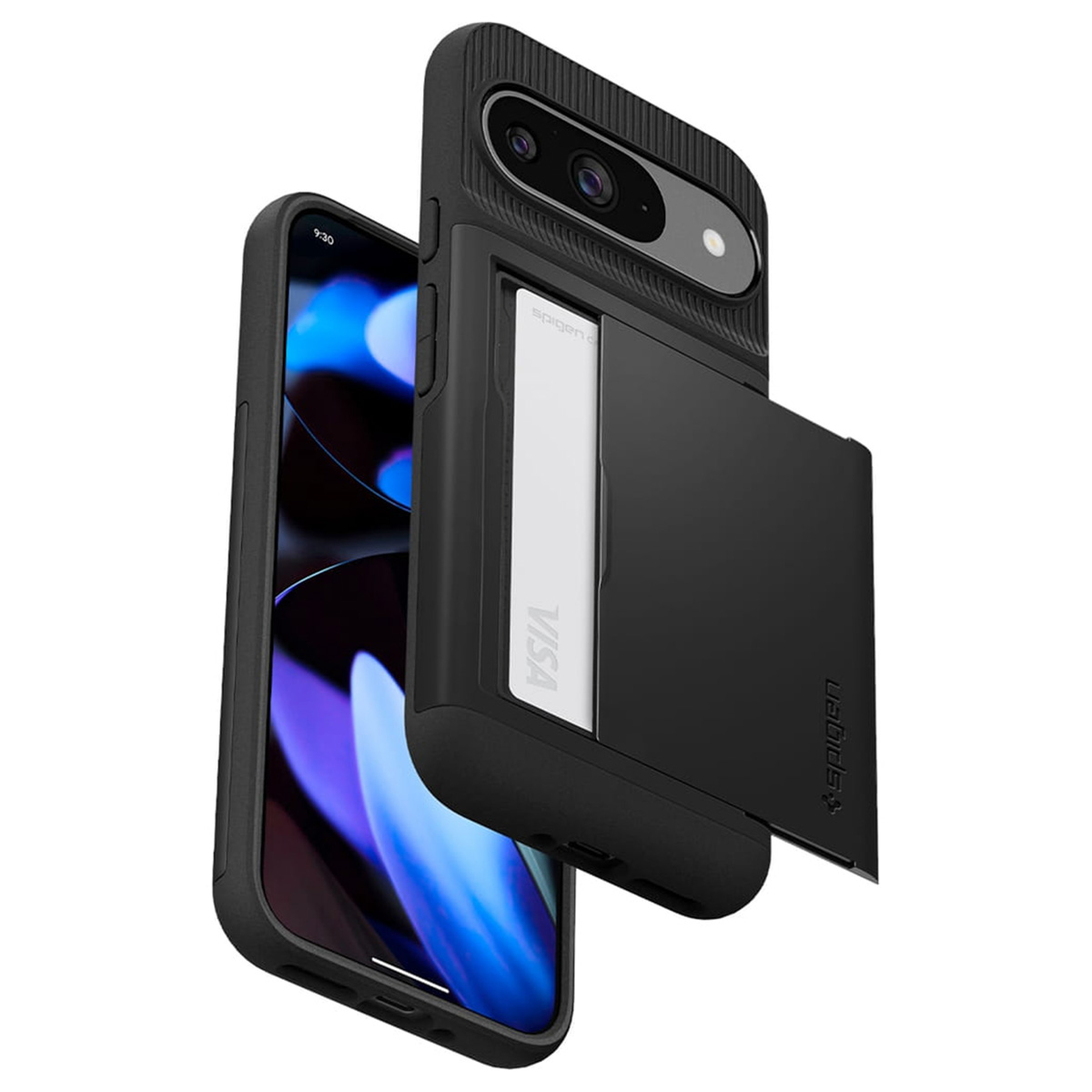 Un étui de téléphone avec un porte-carte de crédit. Une carte Visa est insérée dans l'étui.