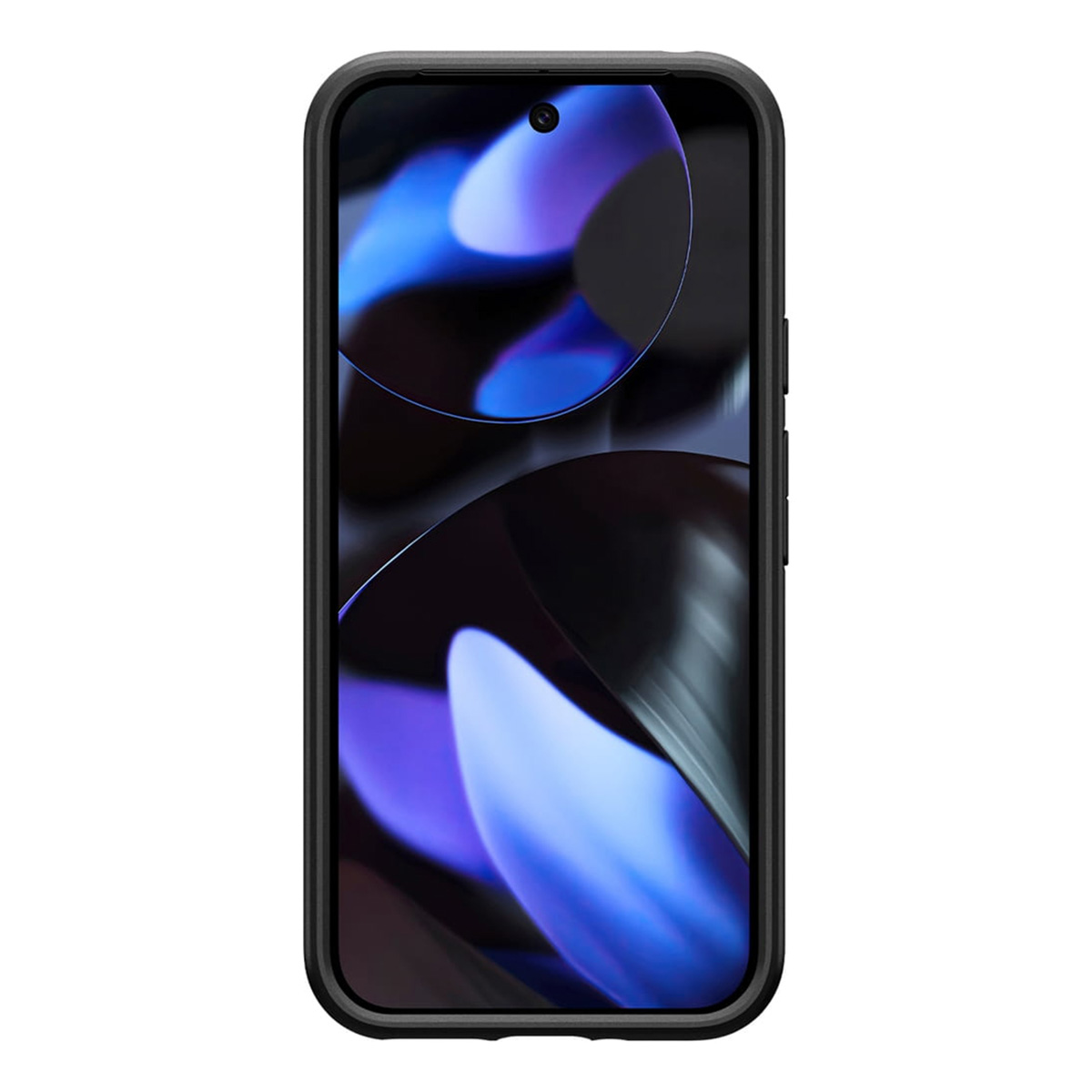 Smartphone noir avec écran incurvé affichant une image abstraite bleue et violette.