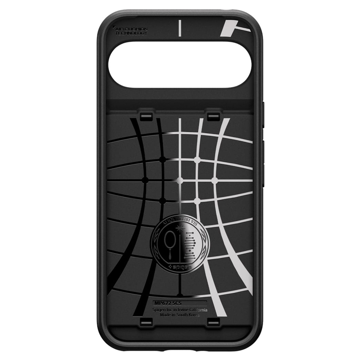 Intérieur d'étui de téléphone noir, avec grille et logo de la marque.
