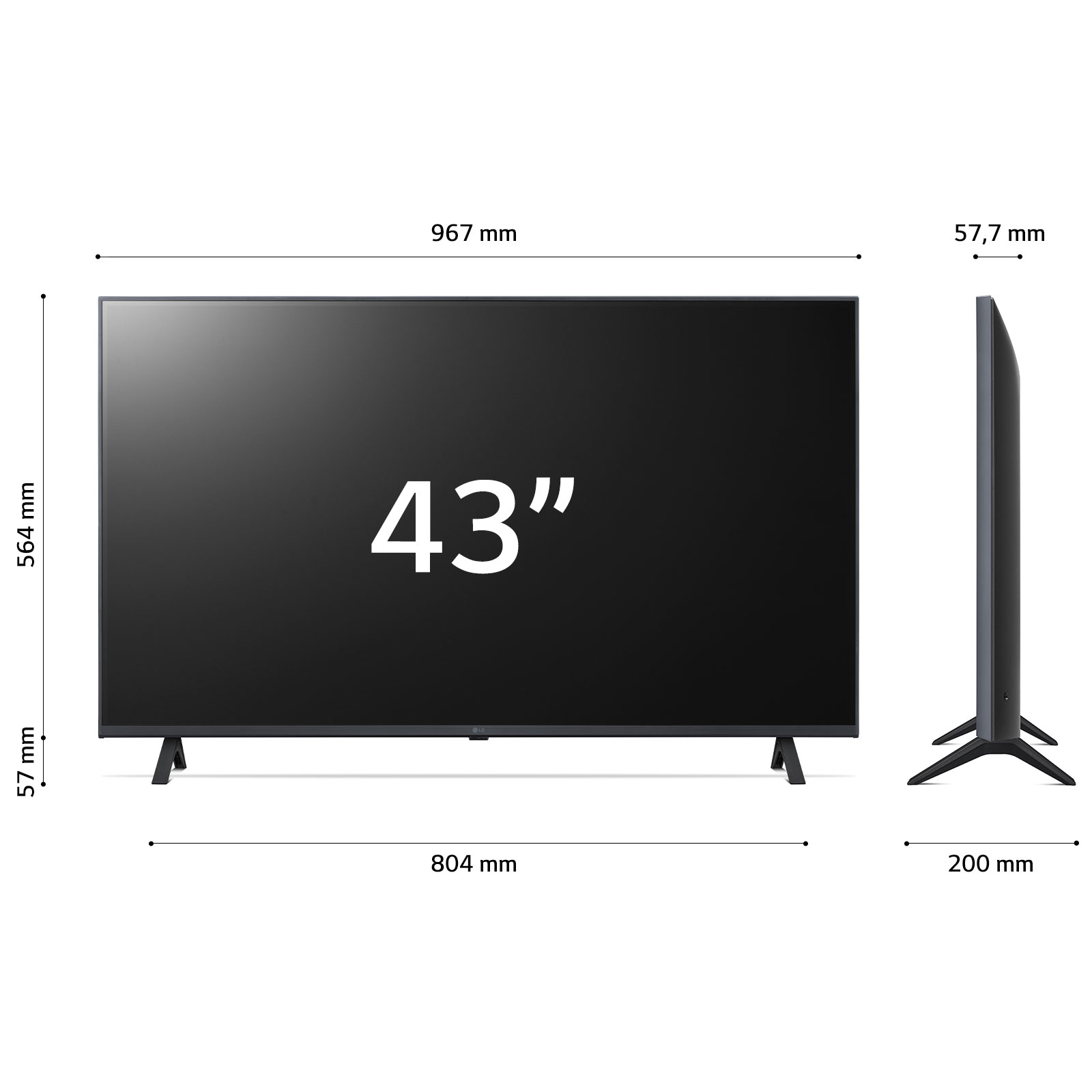 Una TV da 43 pollici con dimensioni indicate. Viste frontali e laterali con misure in mm e pollici.