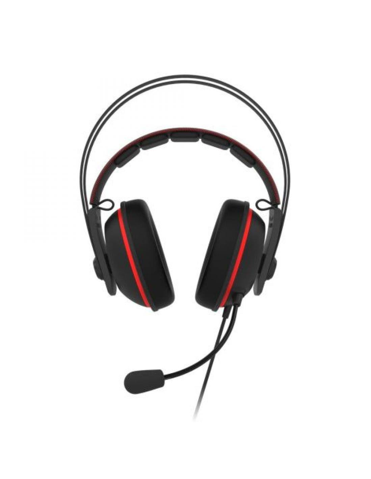 Czarno-czerwony zestaw słuchawkowy do gier z mikrofonem, na białym tle.