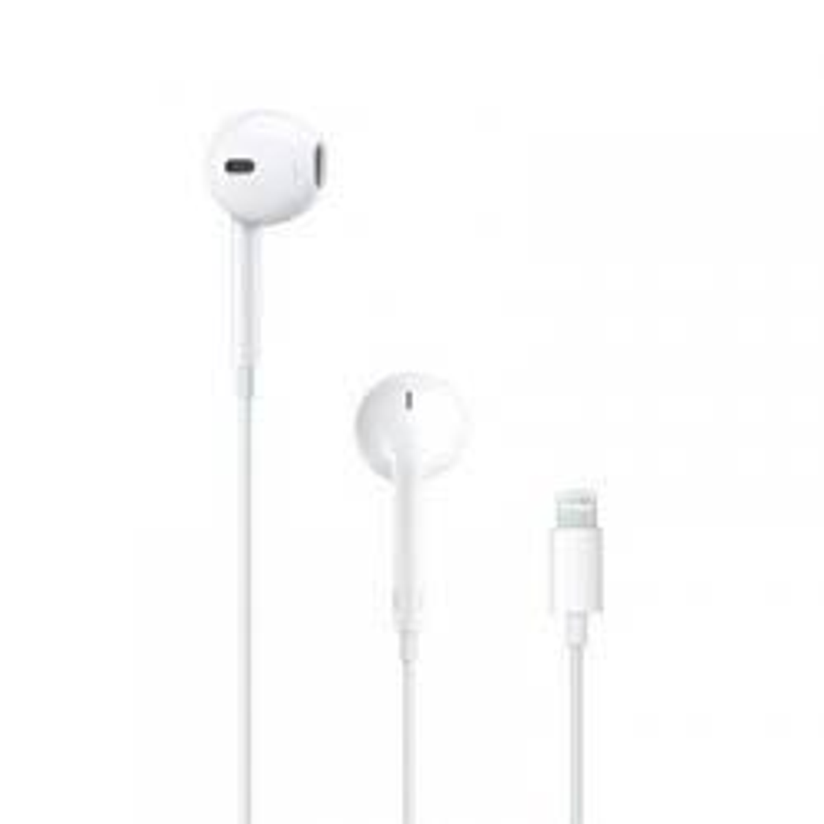 Białe słuchawki Apple z wtyczką Lightning, odizolowane na białym tle.