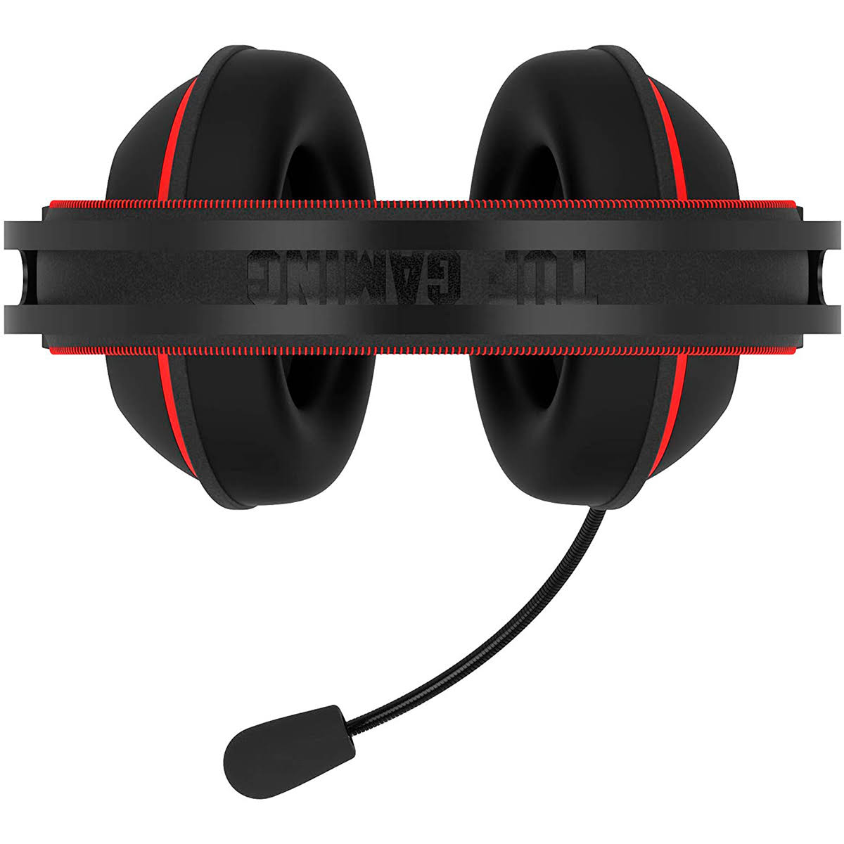 Widok z góry na czarny zestaw słuchawkowy dla graczy z czerwonymi akcentami i mikrofonem.