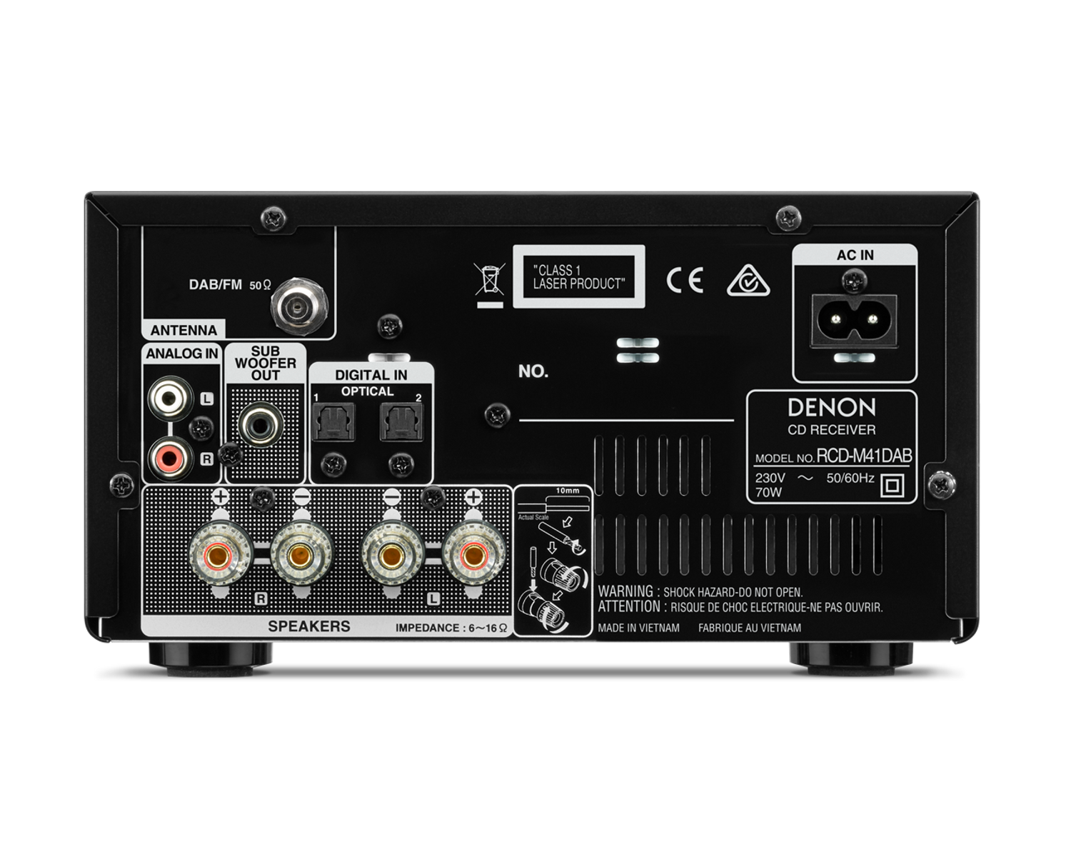 Rückansicht eines schwarzen Denon CD-Receivers mit verschiedenen Anschlüssen.