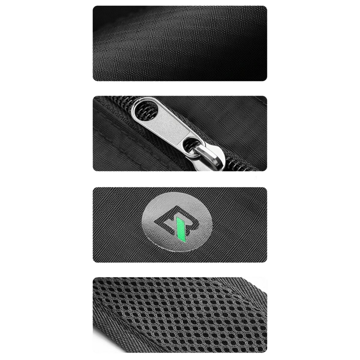 Zbliżenia czarnej tkaniny, zamka błyskawicznego, logo i materiału siatkowego, wszystko to elementy torby.