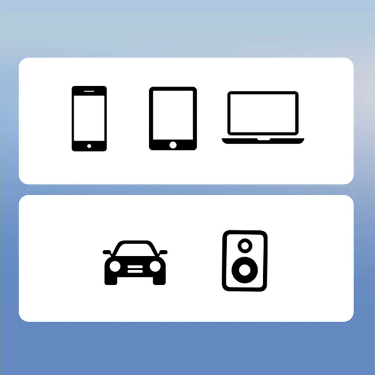 Ikony telefonu, tabletu, laptopa, samochodu i głośnika są wyświetlane na gradientowym niebieskim tle.