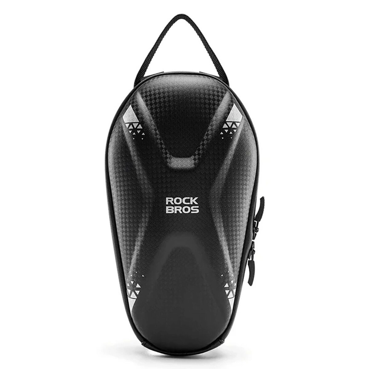 Schwarze Fahrrad-Satteltasche mit 'ROCK BROS'-Text. Weiße Akzente. Schwarzer Hintergrund.