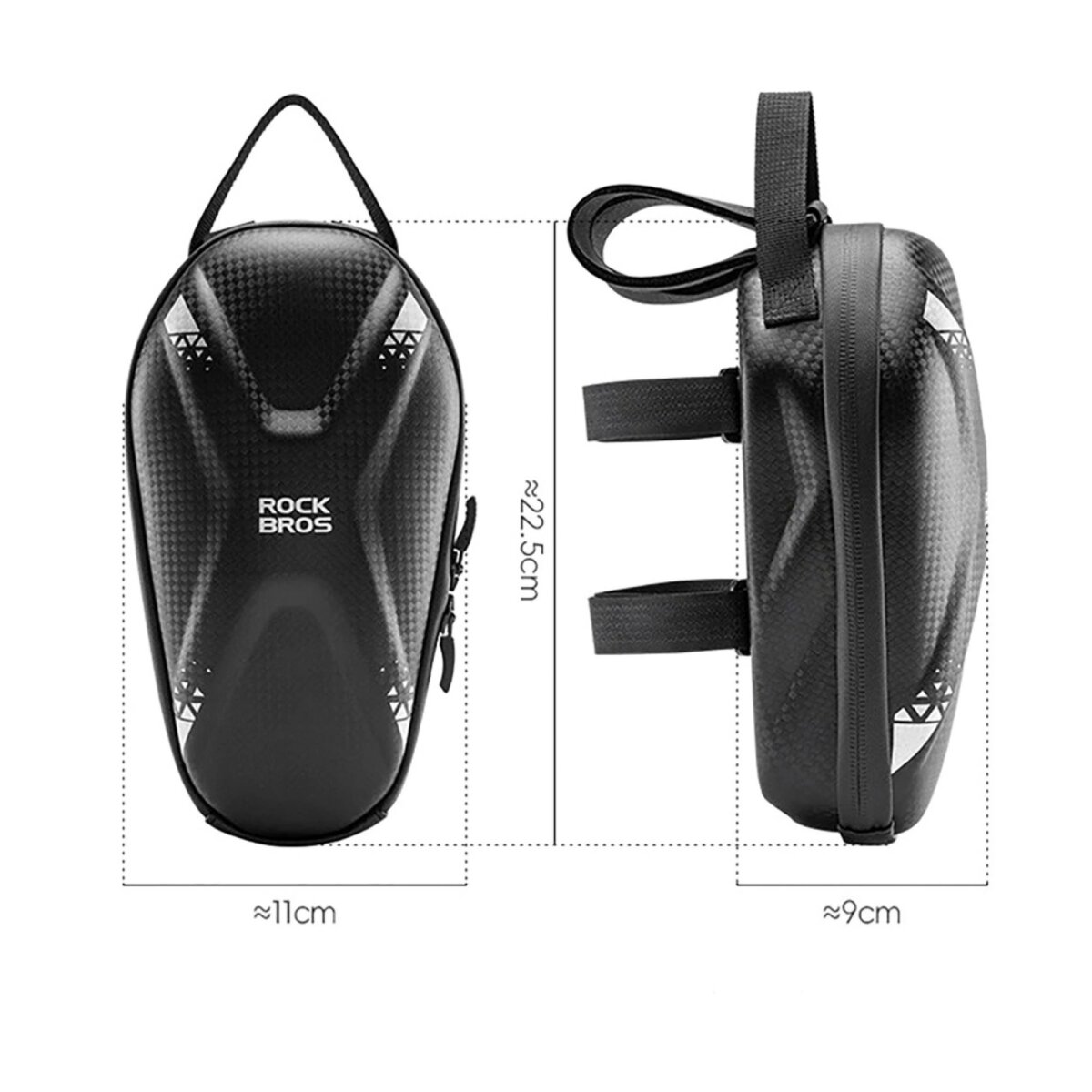 Schwarze Fahrradtasche mit RockBros-Logo, mit Beschriftung der Abmessungen auf weißem Hintergrund.