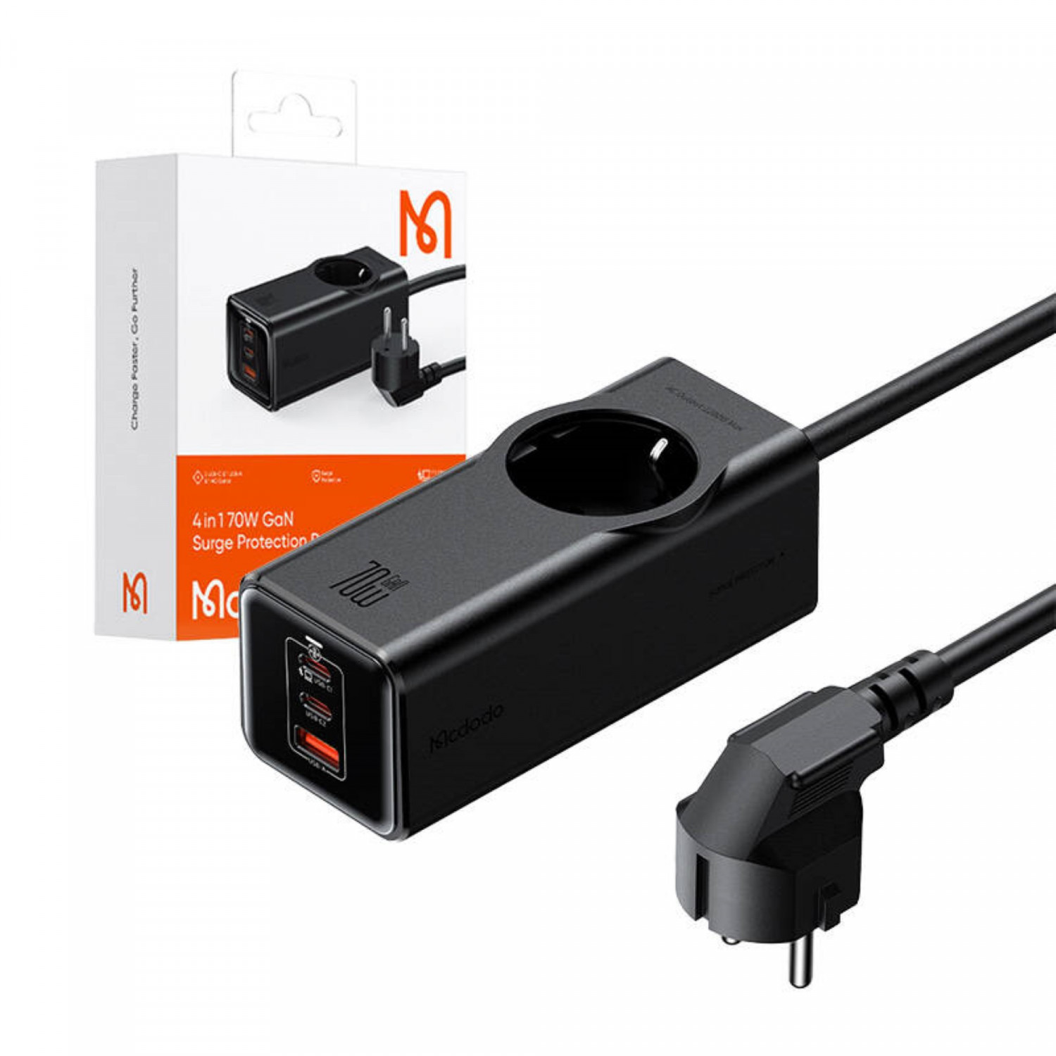 Ein schwarzer Netzadapter mit zwei Steckern und einem Ladeanschluss, weißer Hintergrund.