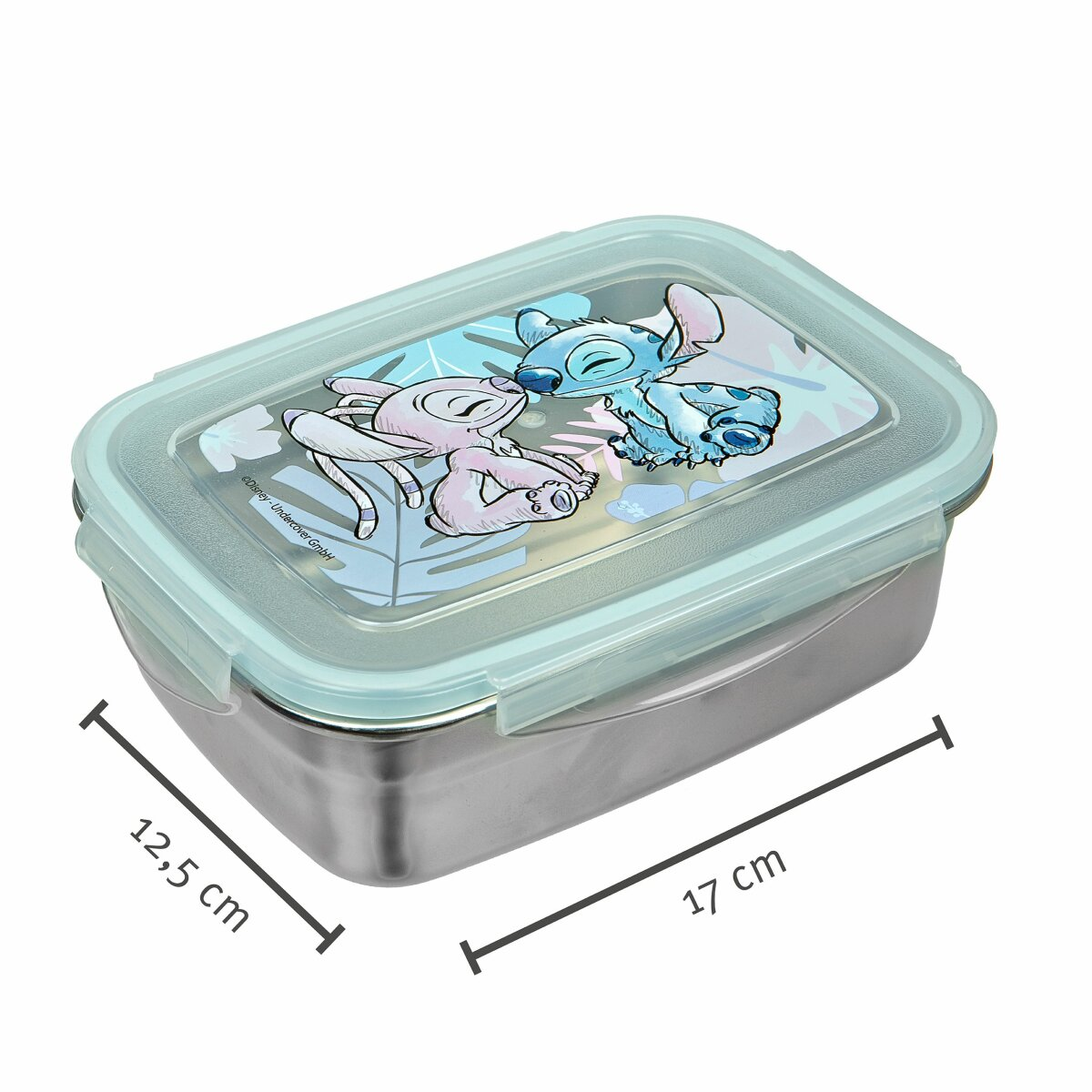 Brotdose mit Stitch und Angel. Sie hat einen hellblauen Deckel und silberne Basis. Zeigt Abmessungen.